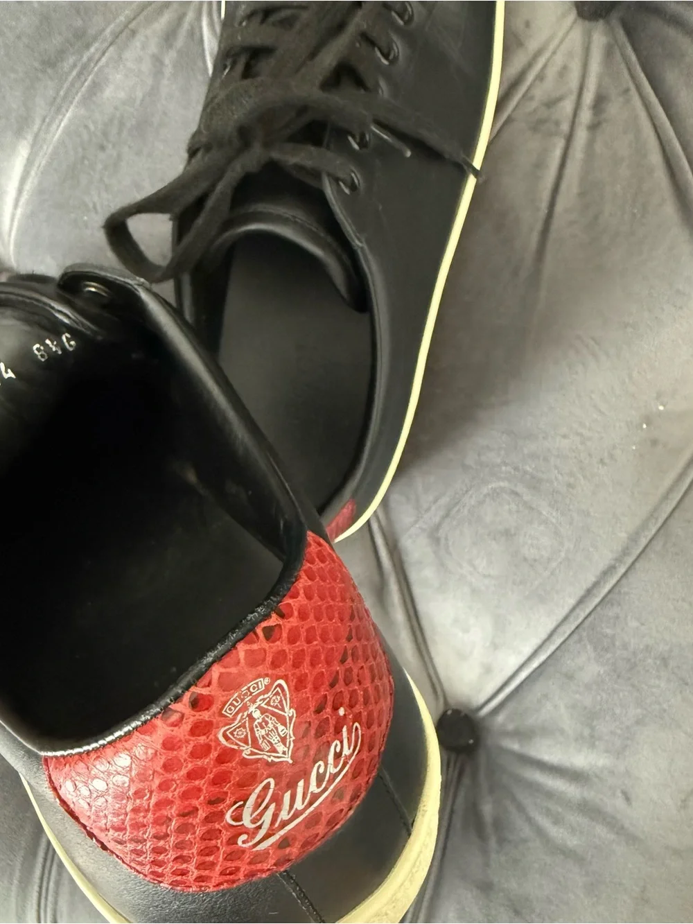 Gucci Men’s Black Leather Ace Sneakers Red Python Heel Size 8.5 41.5 Italy Box